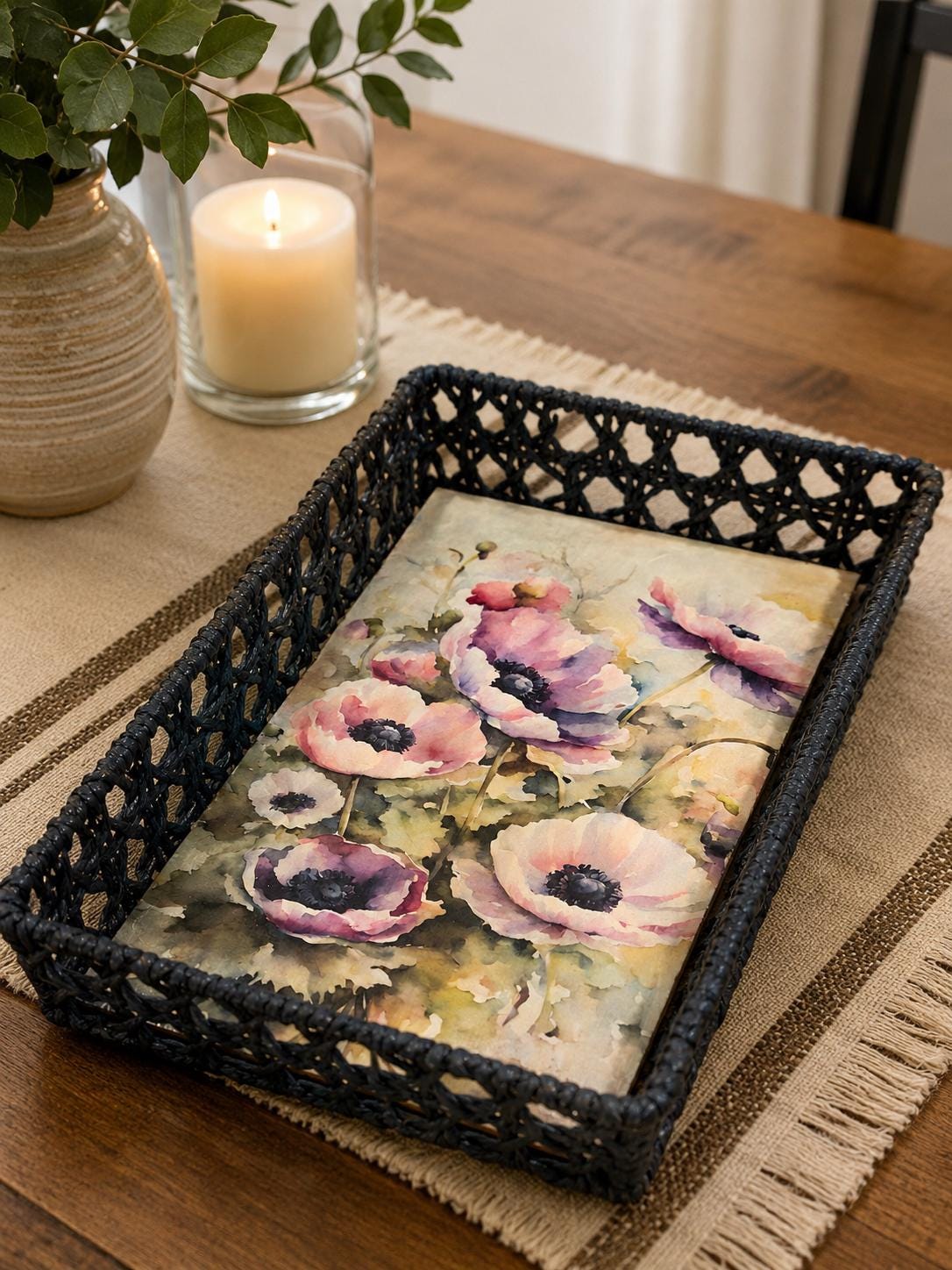 Wicker Basket Tray, Poppy Floral, 11 X 17 Inch Decorative Tray by Mikela Lindel Home
