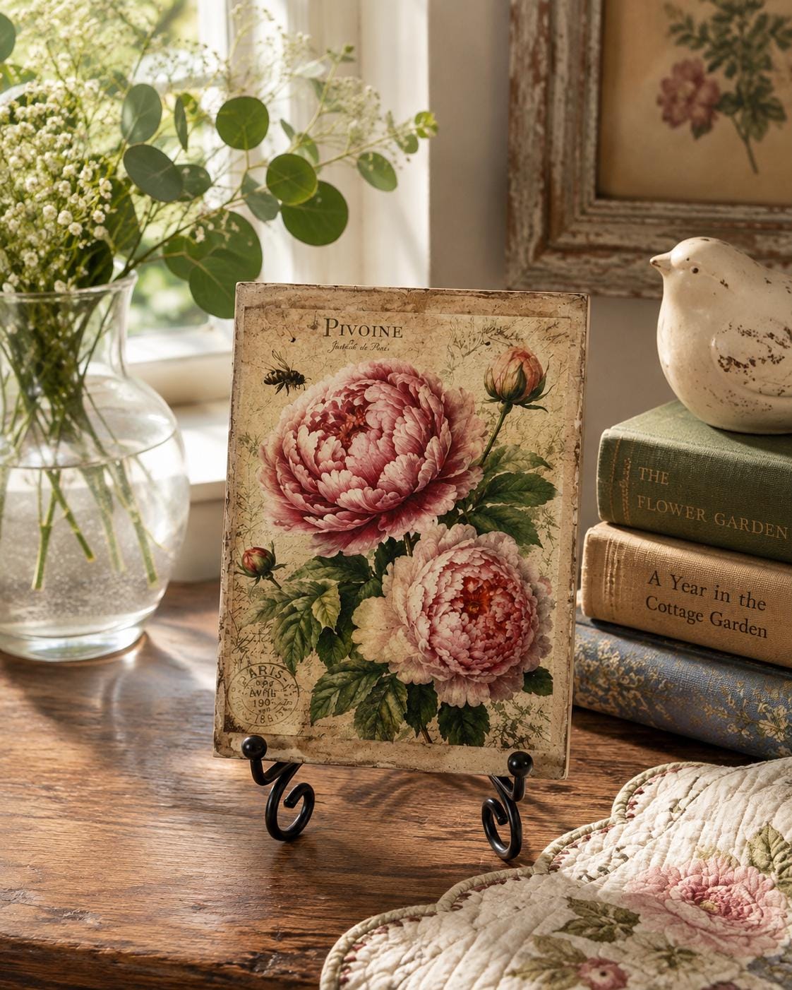Vintage Floral Wood Sign, Pink Peony Decor, Black Metal Stand, 4X6 by Mikela Lindel Home