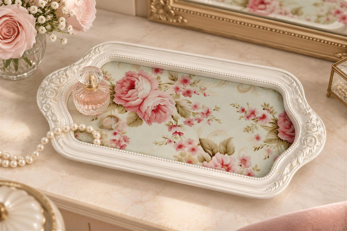 a decorative tray with a floral pattern, placed on a marble countertop. The tray has a white frame and is adorned with a pink floral design. A bottle of perfume is also present on the tray, along with a pearl necklace.