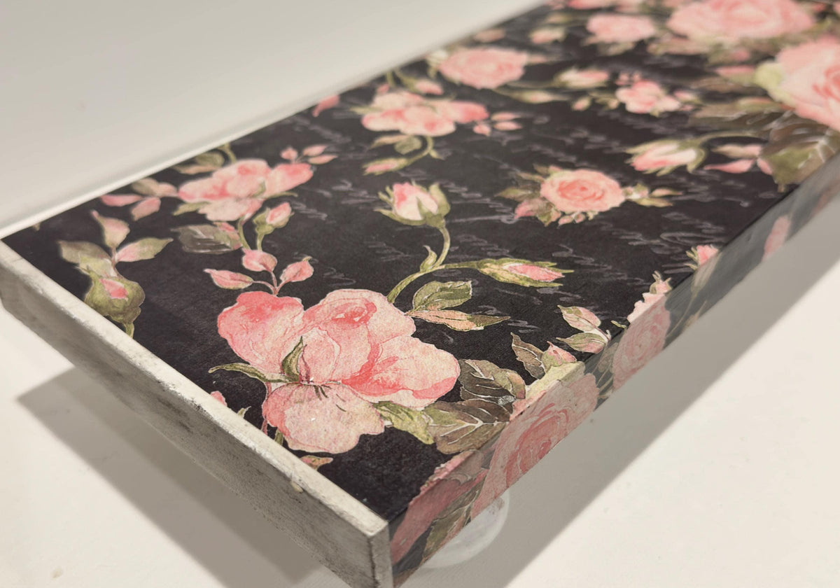 Gothic Wood Riser, Roses With Script, 12 X 5.5 In, Floral Tray by Mikela Lindel Home