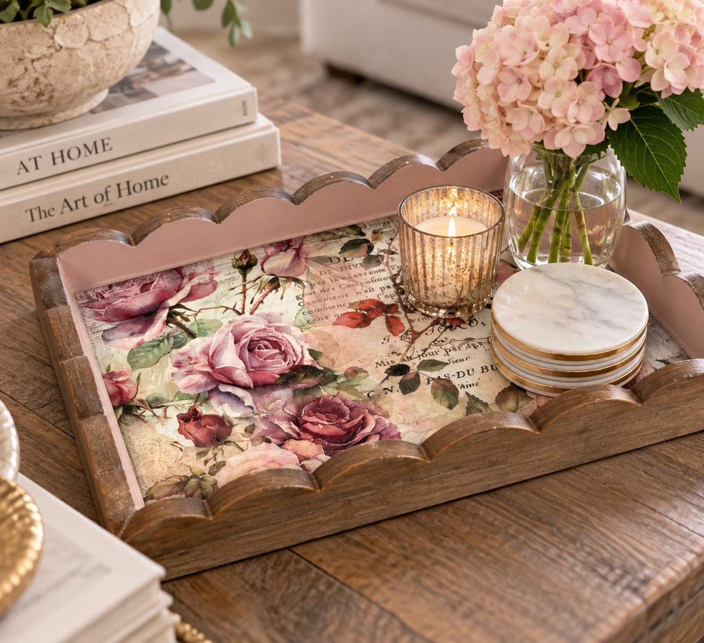 Decorative Floral Tray, Dusty Rose Wood, Wavy Edge 14.25x10.25