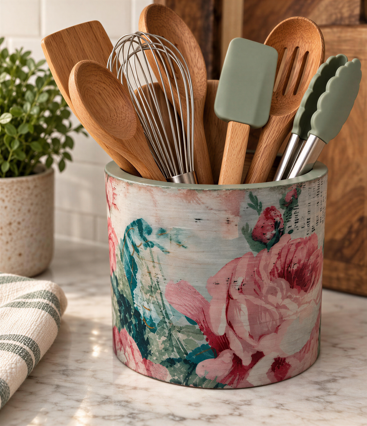 A floral-patterned ceramic container holding various kitchen utensils, including wooden spoons, a whisk, and a spatula, placed on a marble countertop.
