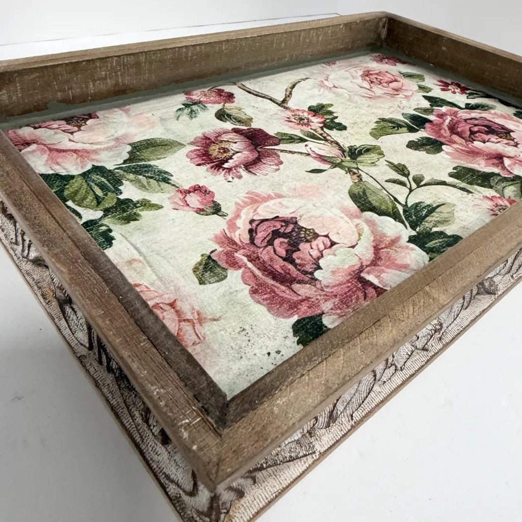 Shabby Chic Serving Tray | Pink Rose Decoupage Wood Tray 16.5x10.75 by Mikela Lindel Home