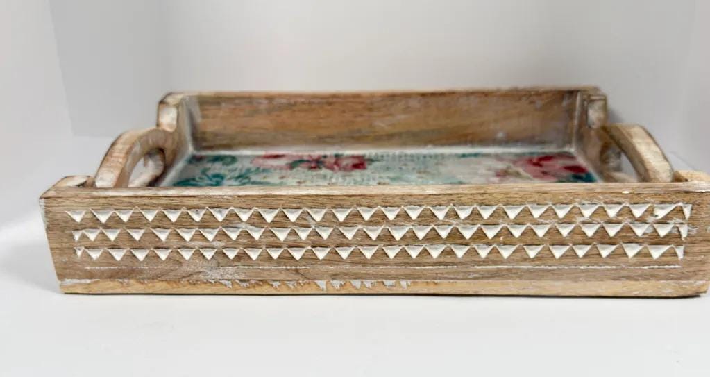 Floral Decorative Wood Tray, White Distressed Finish, 14 X 10 In