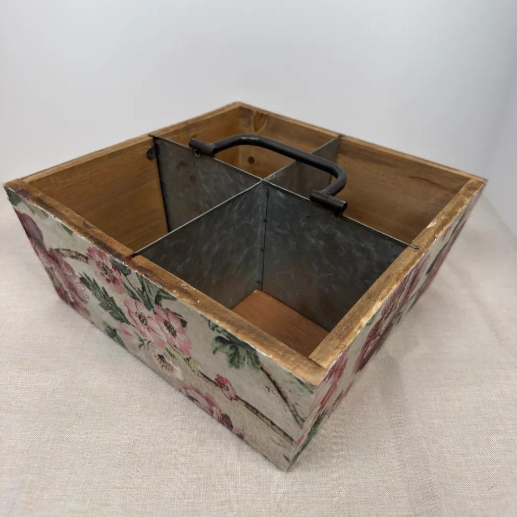 Floral Garden Tool Caddy, Wooden Organizer, 9.5 x 9.5 x 4 Inch