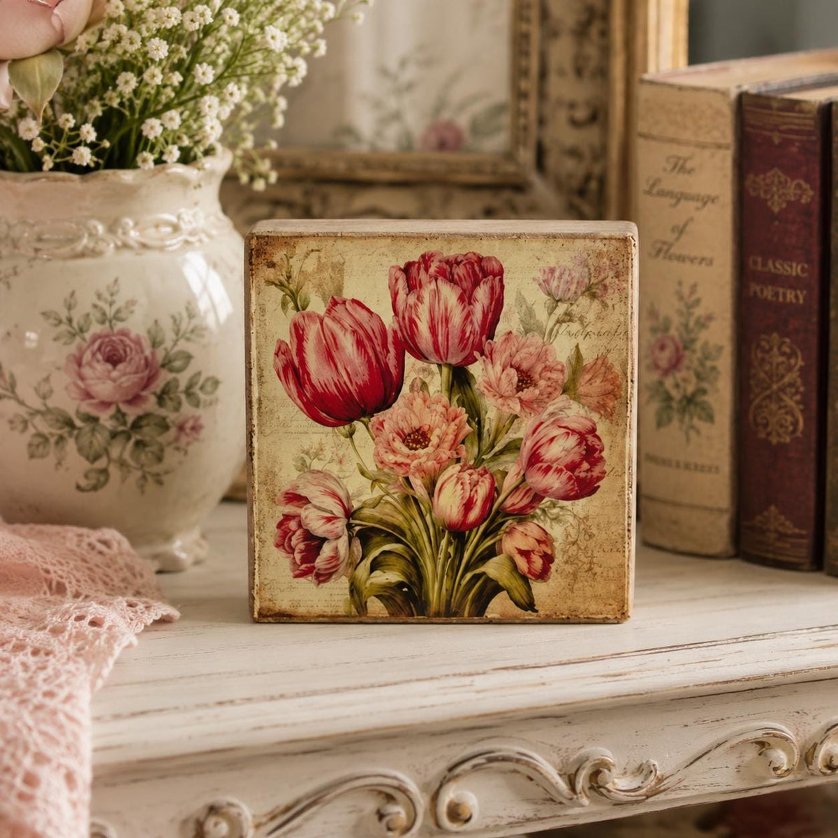 Pink Tulip Decor, Wood Shelf Sitter | Vintage Botanical Block by Mikela Lindel Home