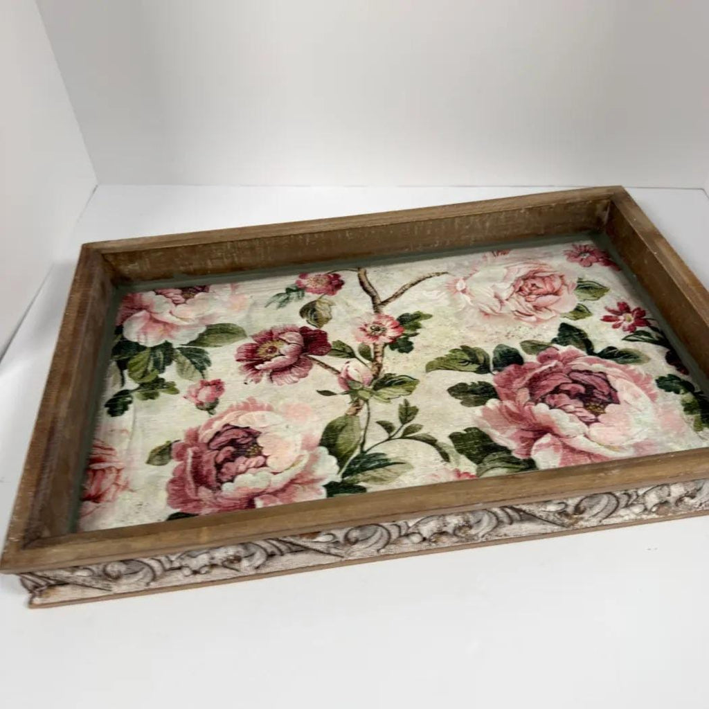 Shabby Chic Serving Tray | Pink Rose Decoupage Wood Tray 16.5x10.75 by Mikela Lindel Home