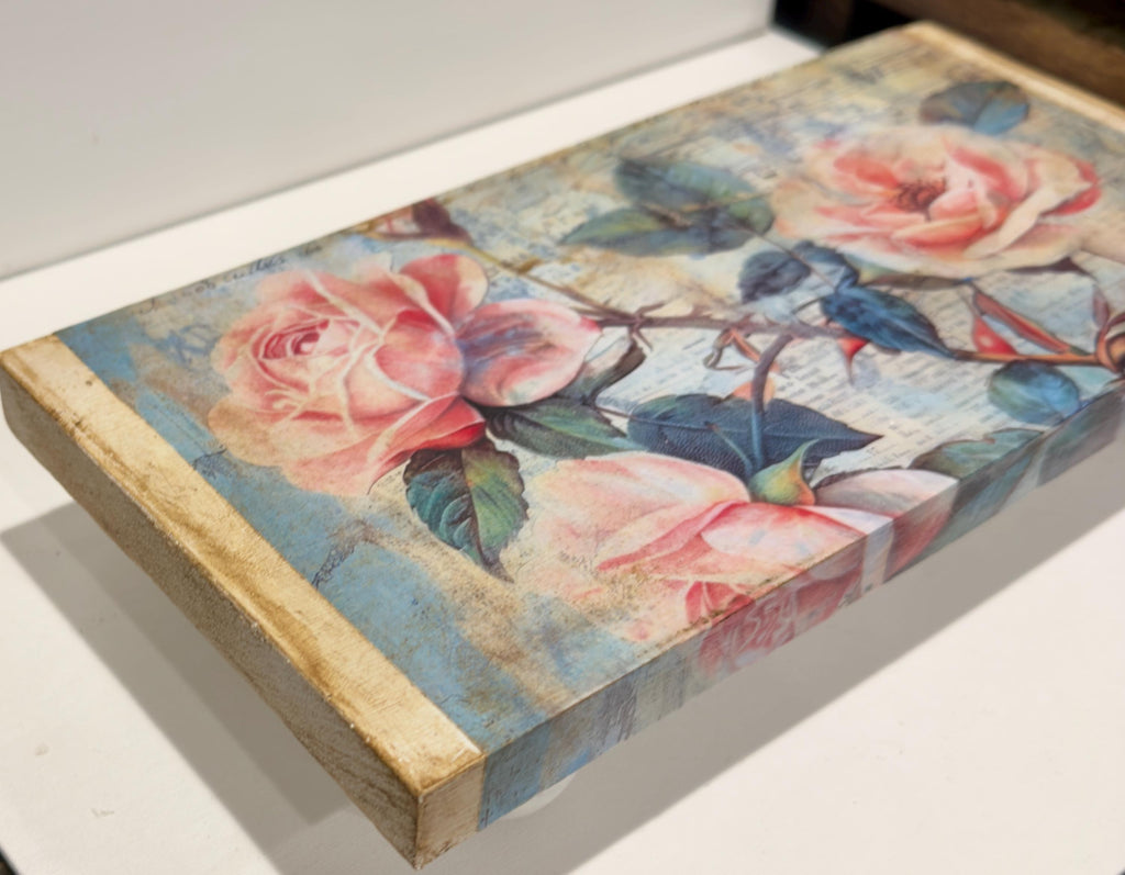 Vintage Wood Riser, Rose Sheet Music Decor, 12x5.5 In Tray Shelf by Mikela Lindel Home