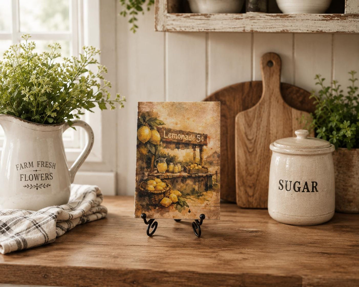Lemonade Stand Sign | 5X7 Handmade Wood Plaque With Metal Stand by Mikela Lindel Home