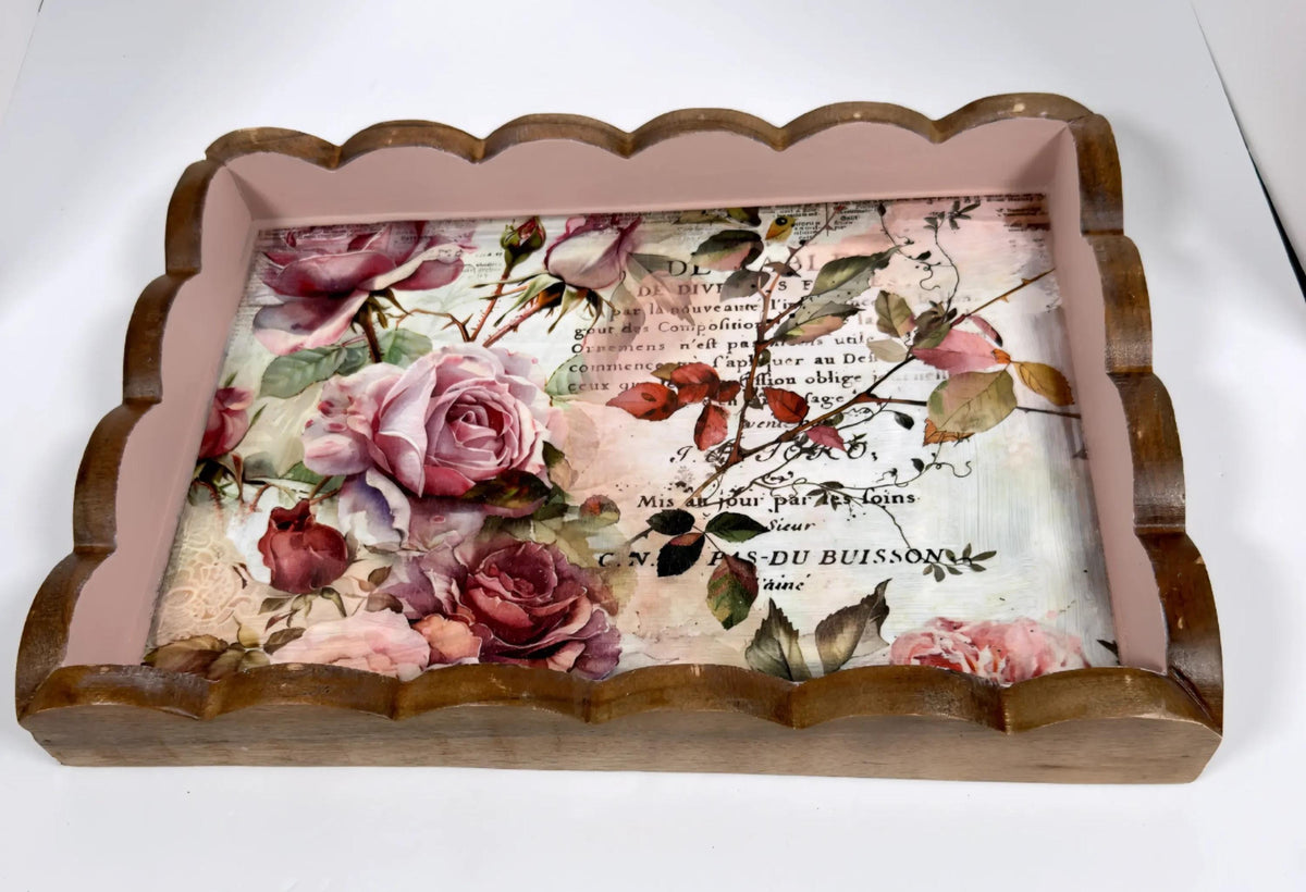 Decorative Floral Tray, Dusty Rose Wood, Wavy Edge 14.25x10.25
