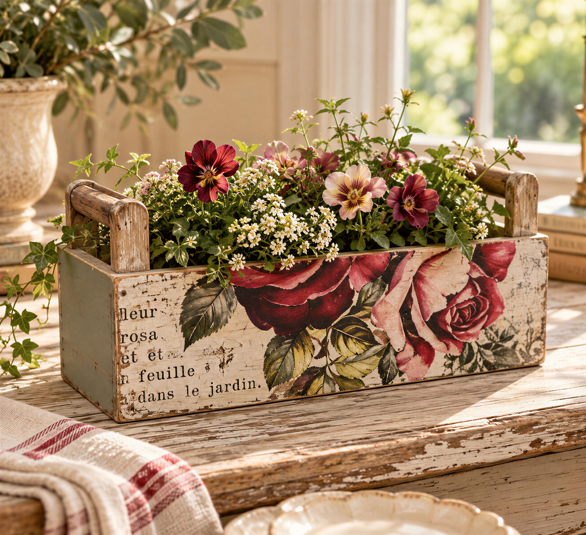 A wooden crate with a floral design, filled with a variety of colorful flowers, sits on a wooden surface.