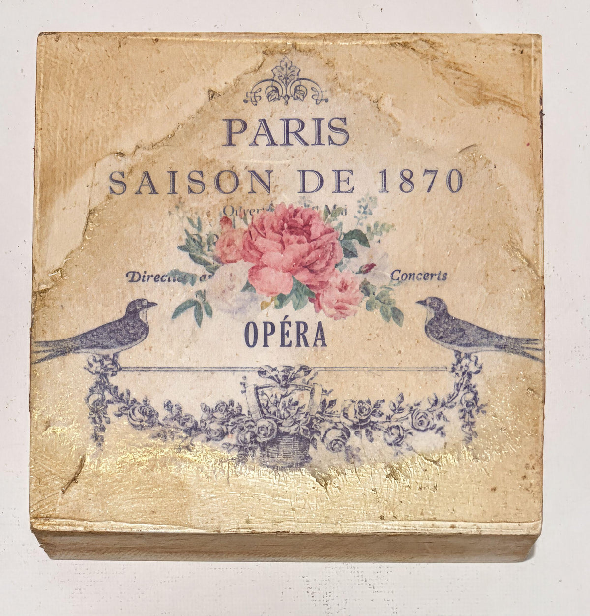 Vintage Floral Wood Block, Parisian Songbirds, 4" X 4" Decor by Mikela Lindel Home