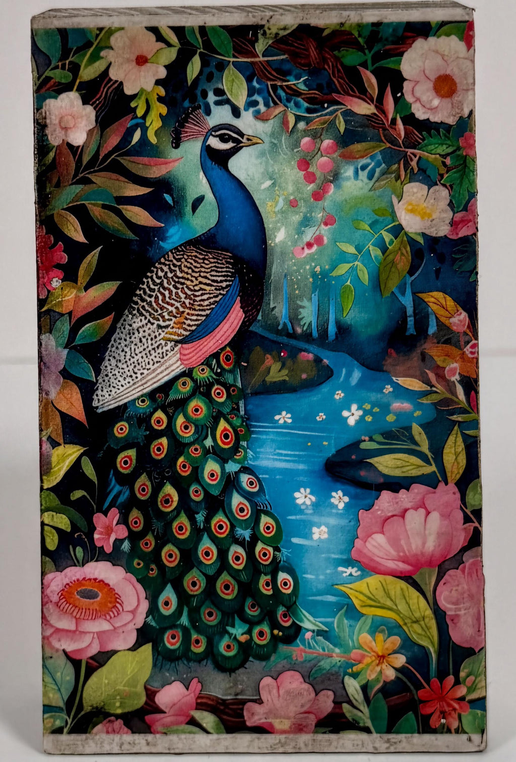 Peacock Wood Block, Vibrant Boho Decor, 3x5 Self-Standing Art by Mikela Lindel Home
