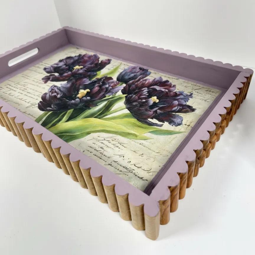 Purple Tulip Wood Tray, Lavender Botanical Decoupage Tray, 19.25x11.25 In by Mikela Lindel Home