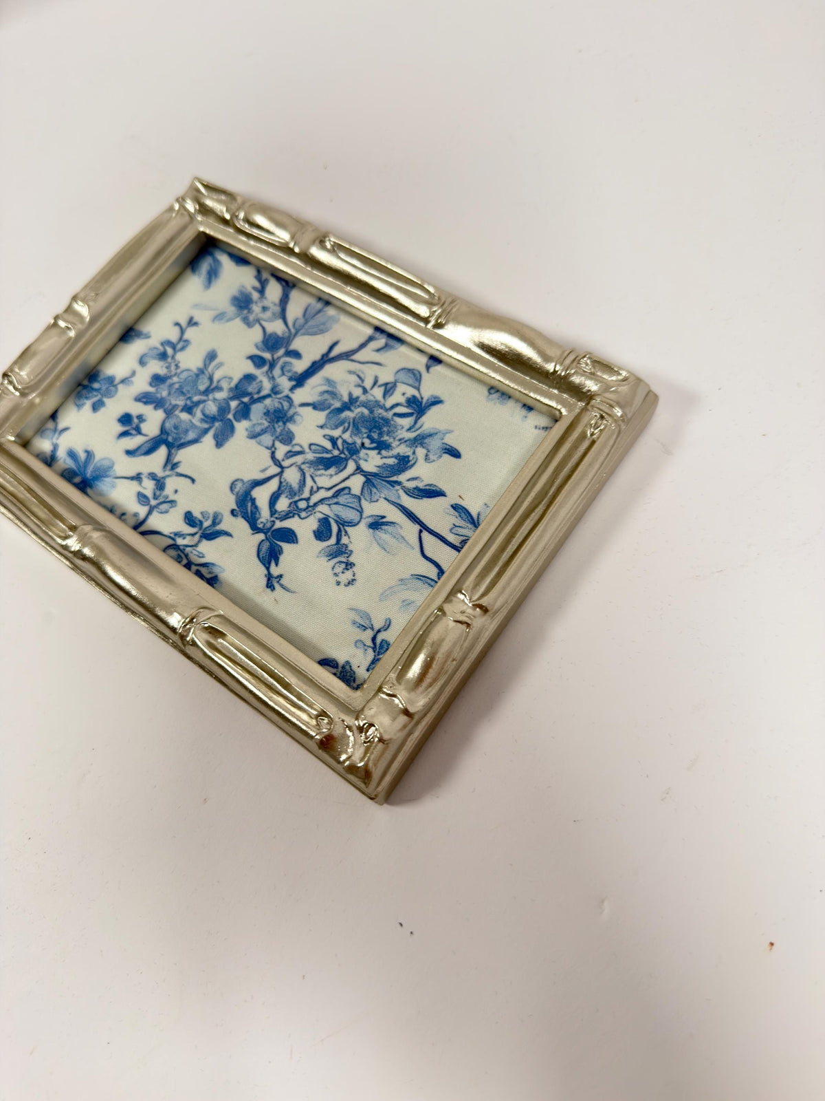 Blue Floral Vanity Tray, Silver Bamboo Frame, Jewelry Tray, 5 X 7 In