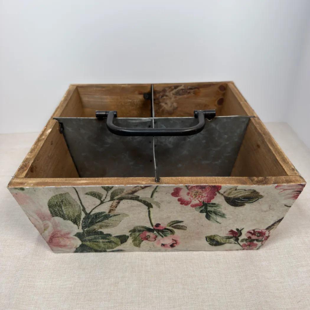 Floral Garden Tool Caddy, Wooden Organizer, 9.5 x 9.5 x 4 Inch