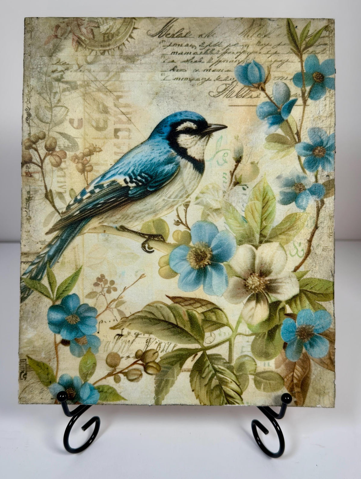 Blue Bird Decor | Wood Shelf Sitter - Botanical Cottagecore Plaque | Metal Stand | 8X10 by Mikela Lindel Home
