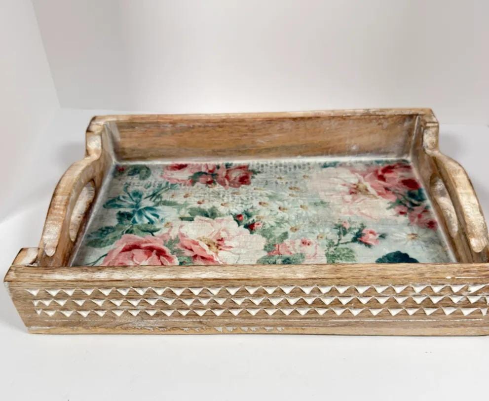 Floral Decorative Wood Tray, White Distressed Finish, 14 X 10 In