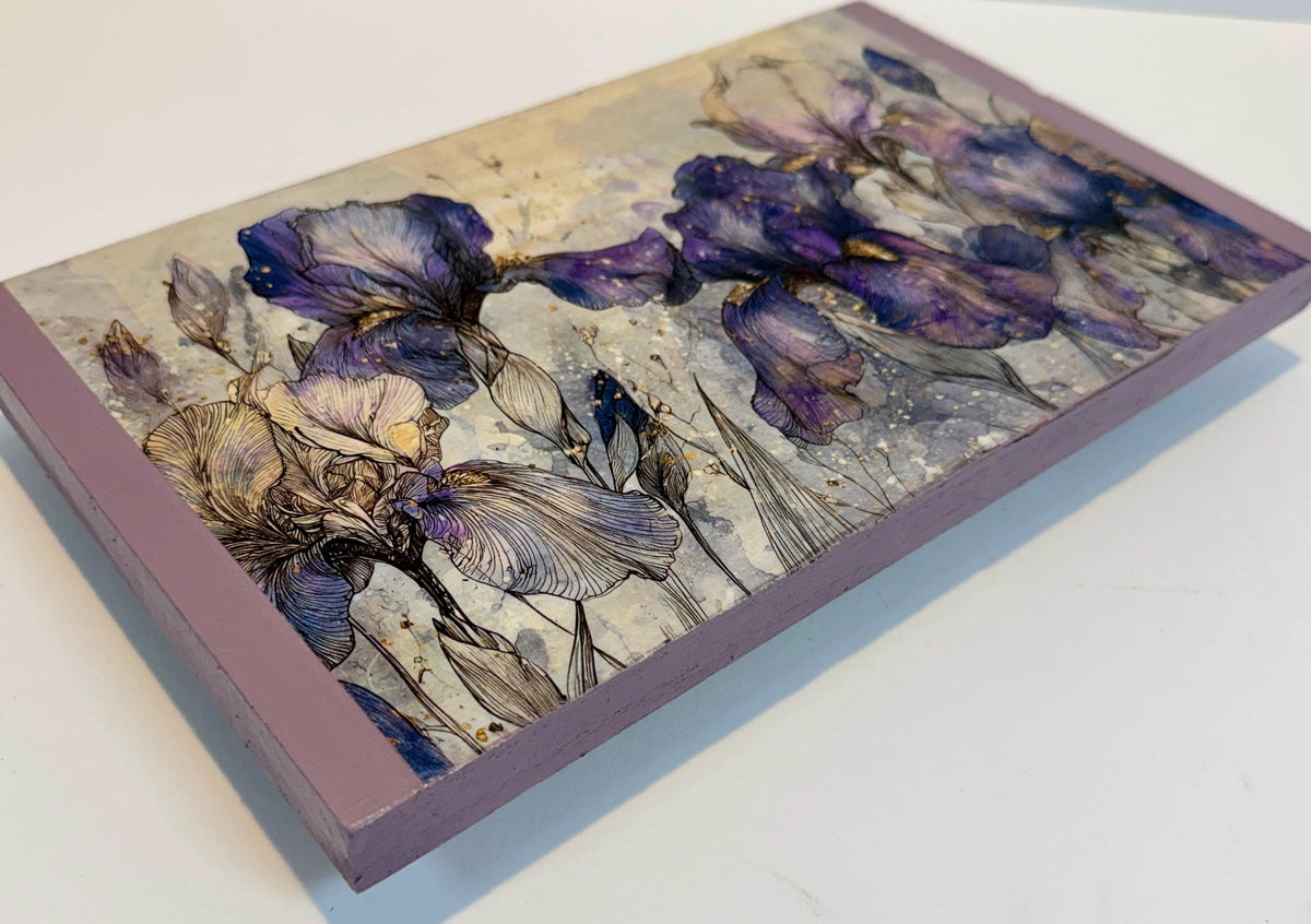 Wooden Floral Riser, Purple Iris Decor, 12 X 7, Lavender Art Feet by Mikela Lindel Home