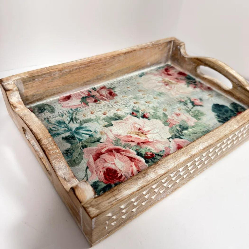 Floral Decorative Wood Tray, White Distressed Finish, 14 X 10 In