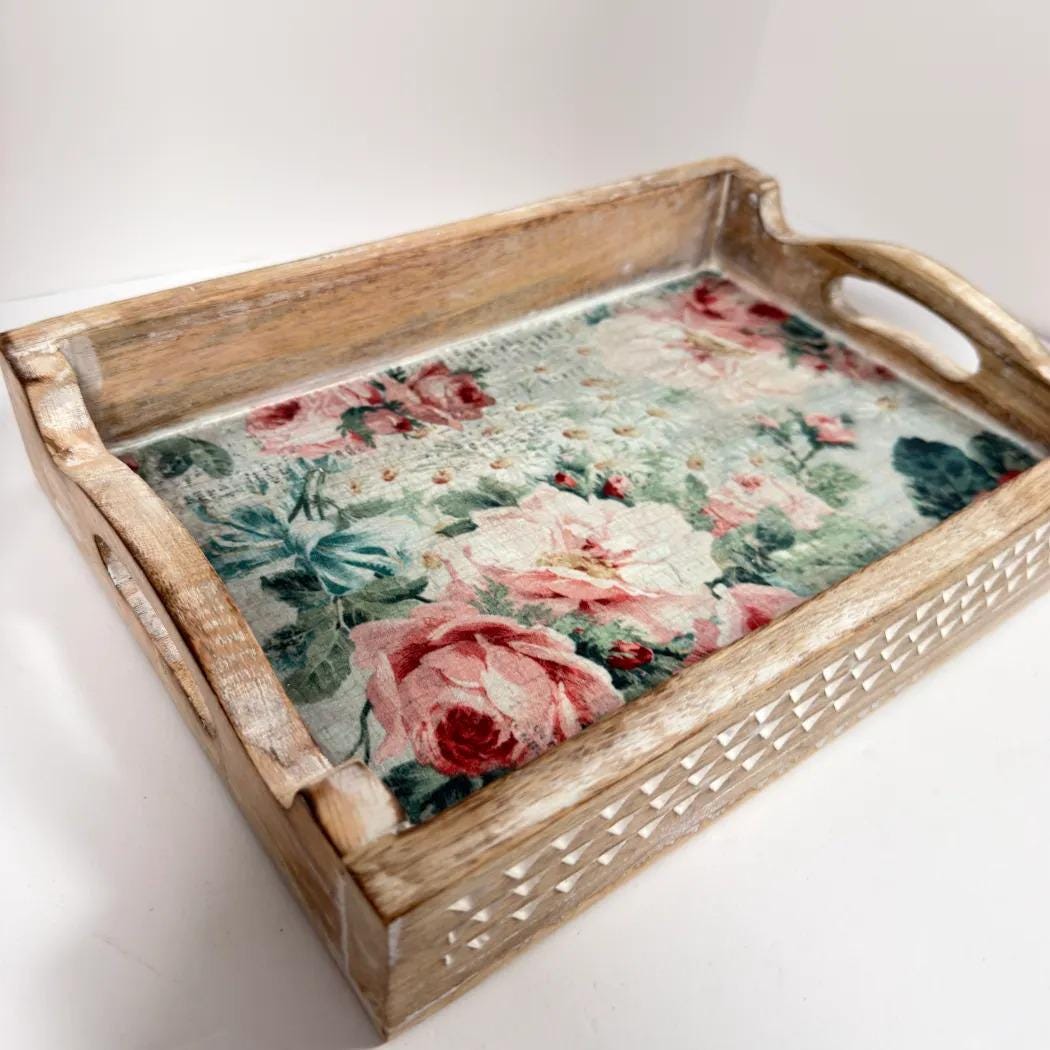 Floral Decorative Wood Tray, White Distressed Finish, 14 X 10 In