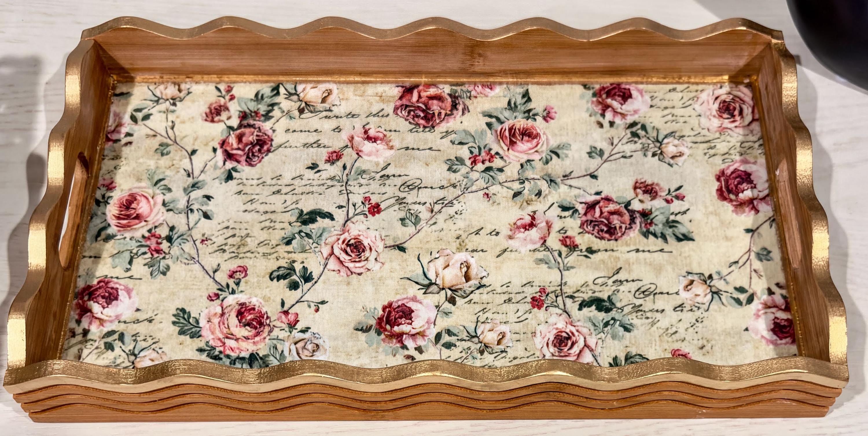 Floral Wood Tray with Gold Leaf: 17"x10"