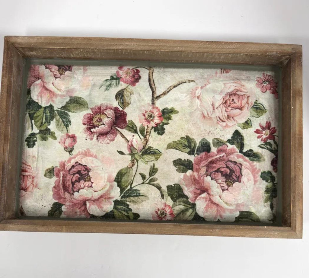 Shabby Chic Serving Tray | Pink Rose Decoupage Wood Tray 16.5x10.75 by Mikela Lindel Home