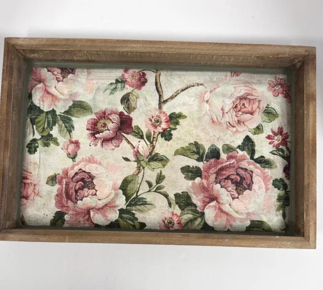 Shabby Chic Serving Tray | Pink Rose Decoupage Wood Tray 16.5x10.75 by Mikela Lindel Home