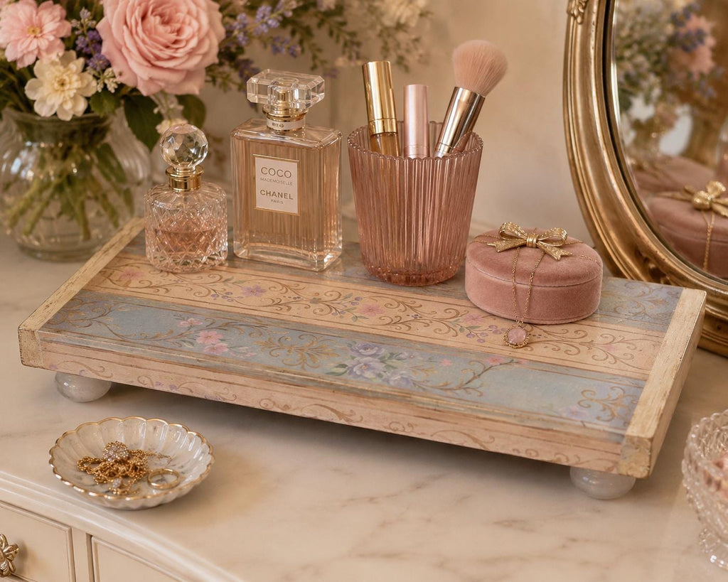 Decorative Wood Riser, Pastel Floral Scrollwork, 12 X 5.5 Inch by Mikela Lindel Home