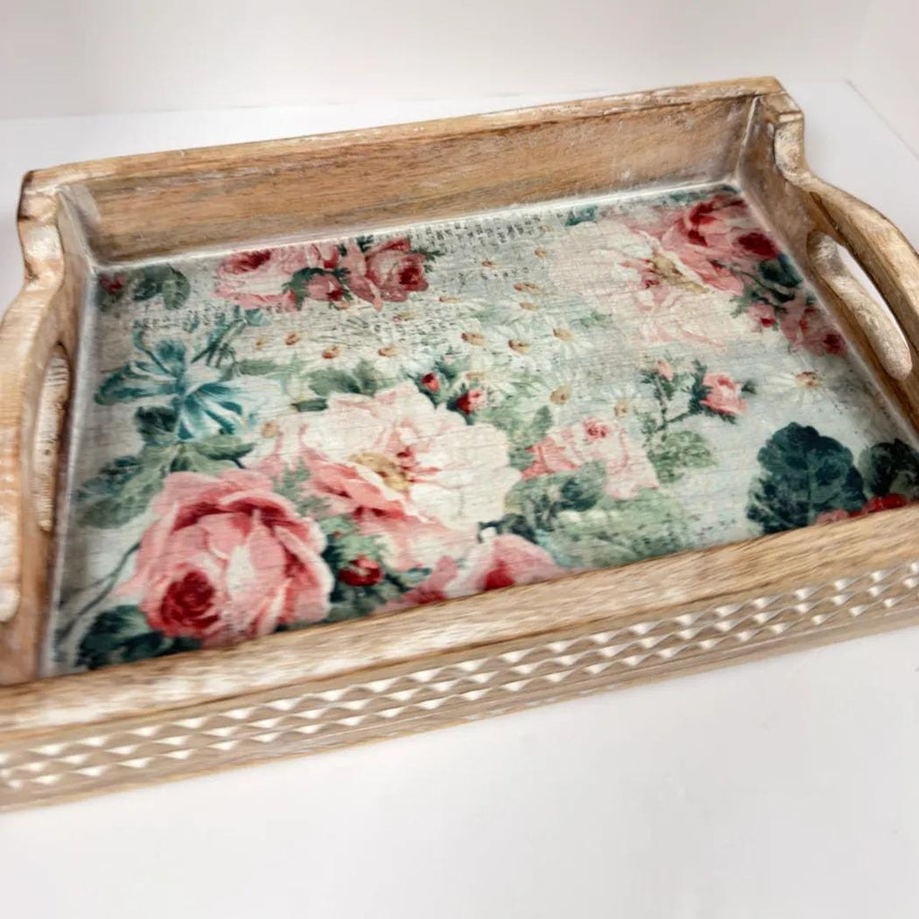 Floral Decorative Wood Tray, White Distressed Finish, 14 X 10 In