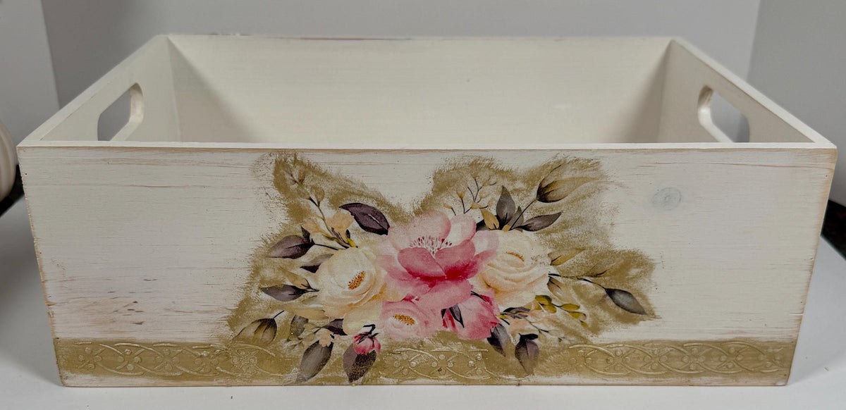 Shabby Chic Wood Crate, Whitewashed Rose Box 14"x9.75x4.75 by Mikela Lindel Home