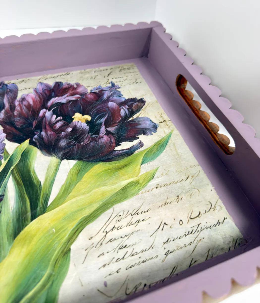 Purple Tulip Wood Tray, Lavender Botanical Decoupage Tray, 19.25x11.25 In by Mikela Lindel Home