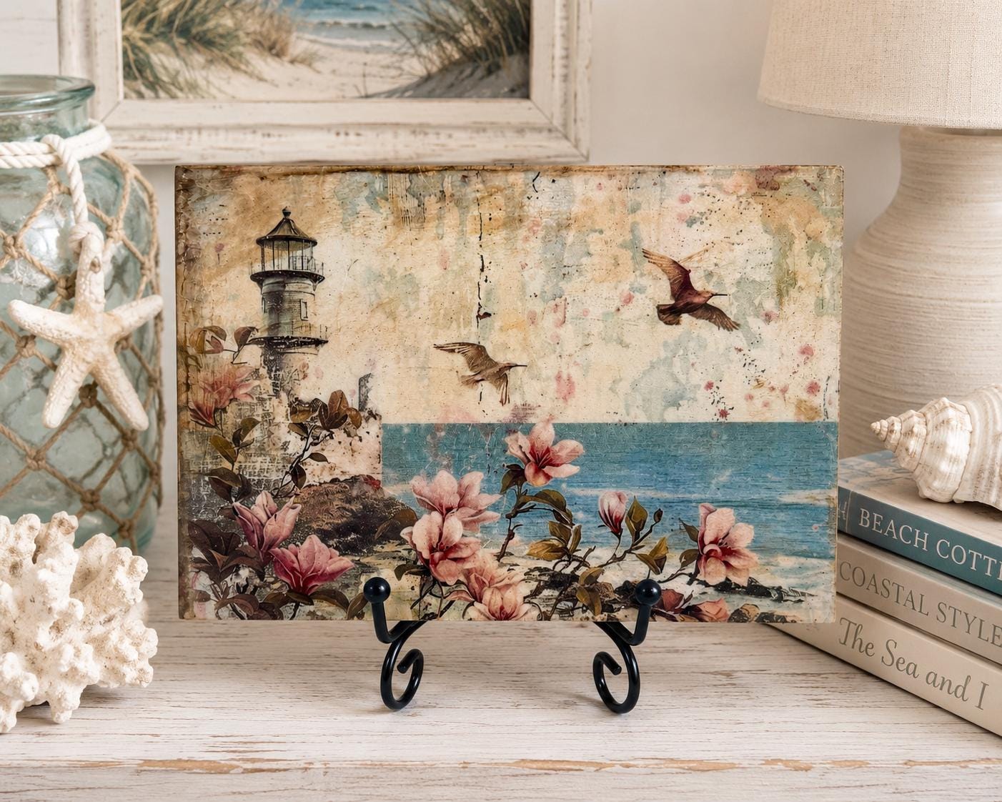 Antiqued Seaside Magnolia Beach Decor: 7"x5"