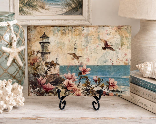 Coastal Wood Plaque, Antiqued Seaside Magnolia Decor, 7"x5 by Mikela Lindel Home