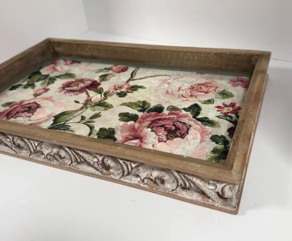 Shabby Chic Serving Tray | Pink Rose Decoupage Wood Tray 16.5x10.75 by Mikela Lindel Home