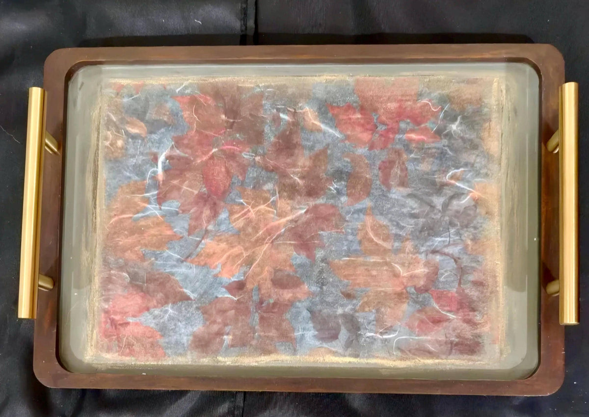 Fall Decorative Tray, Autumn Leaves Wood, Gold Handles, 14"x9.25"