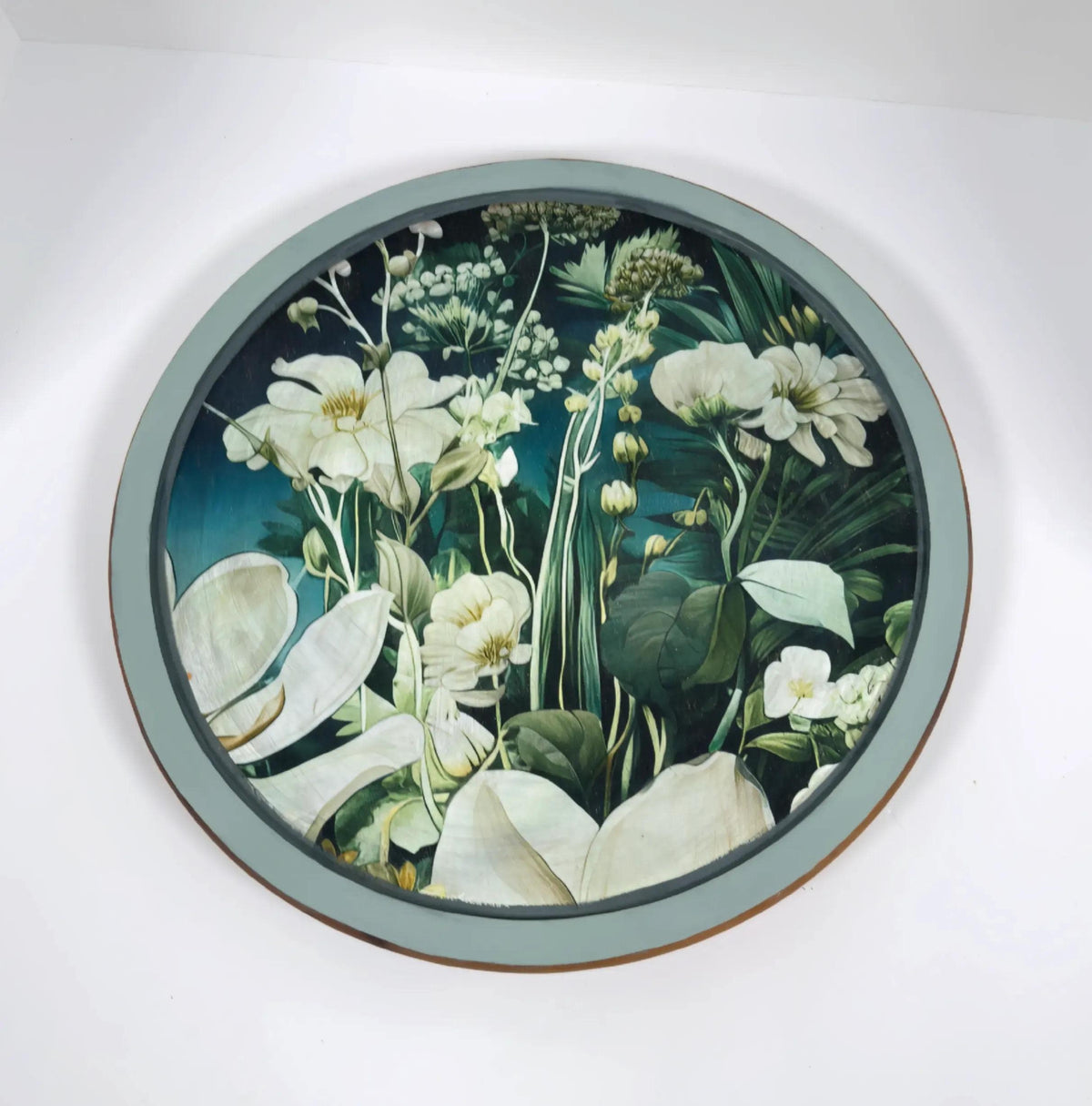Floral Lazy Susan, Botanical Blue Green Wood Turntable, 14 Inch by Mikela Lindel Home