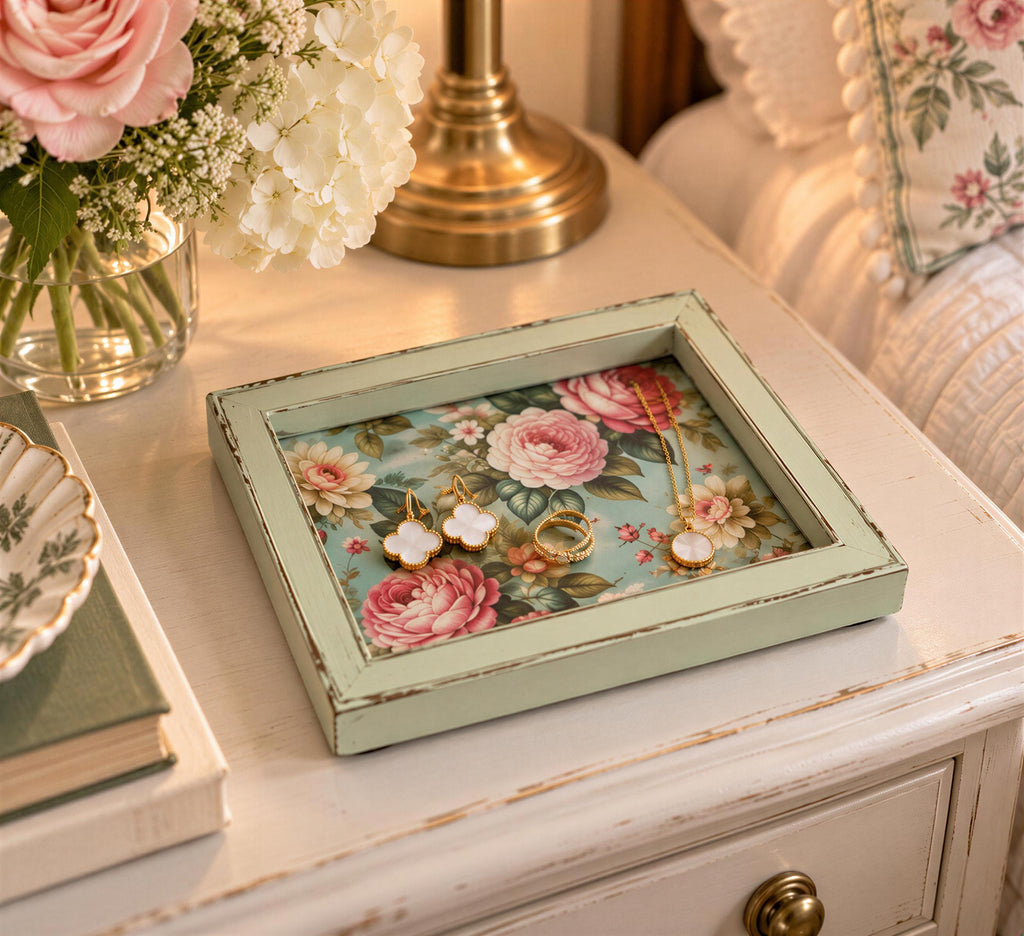 A wooden tray with a floral design sits on a white dresser, holding a pair of earrings and a necklace.