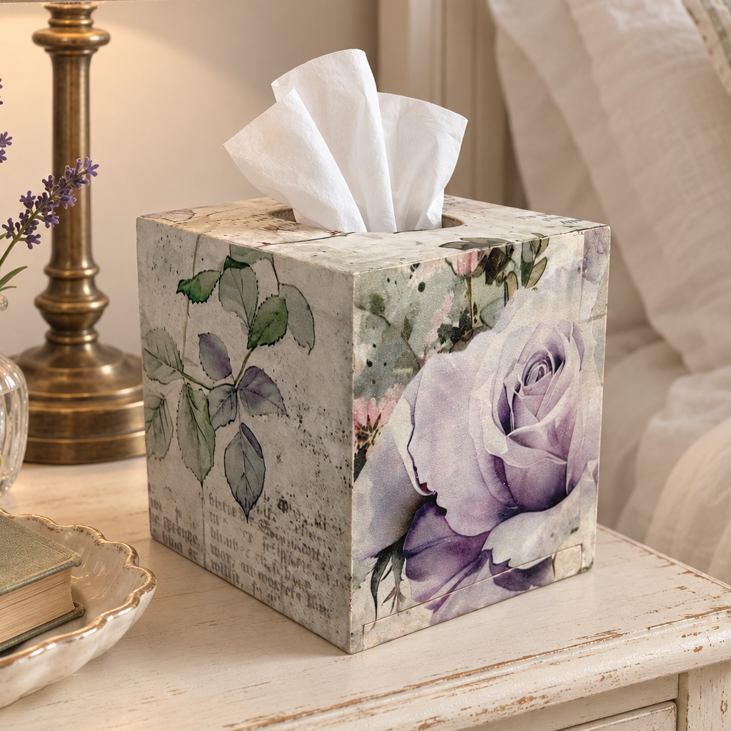 Lavender Rose Decoupage Tissue Box Cover | Wood Cube Holder,5.75 by Mikela Lindel Home