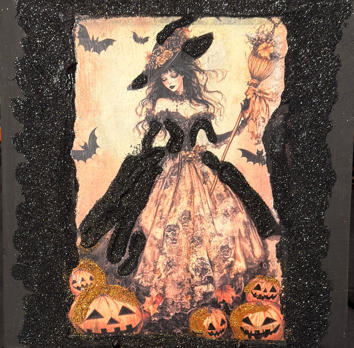 Halloween Witch Wood Sign | Glitter Decor, Stand, 12"X12" Tabletop by Mikela Lindel Home