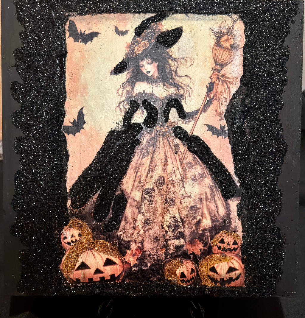 Halloween Witch Wood Sign | Glitter Decor, Stand, 12"X12" Tabletop by Mikela Lindel Home
