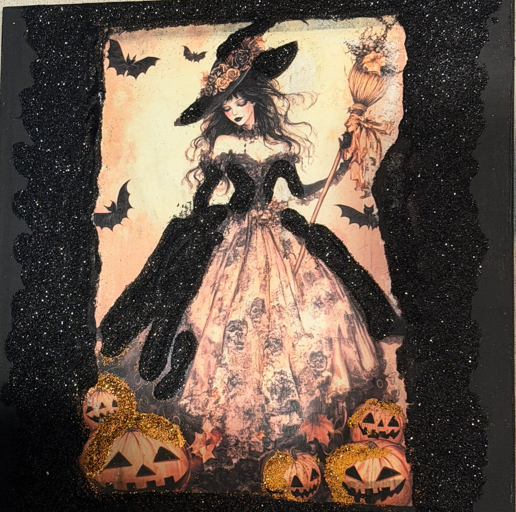 Halloween Witch Wood Sign | Glitter Decor, Stand, 12"X12" Tabletop by Mikela Lindel Home