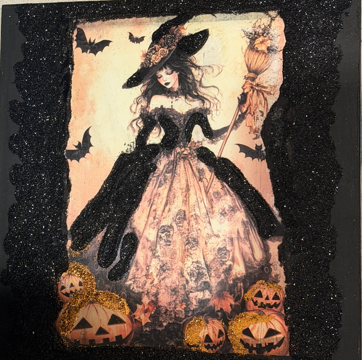 Halloween Witch Wood Sign | Glitter Decor, Stand, 12"X12" Tabletop by Mikela Lindel Home