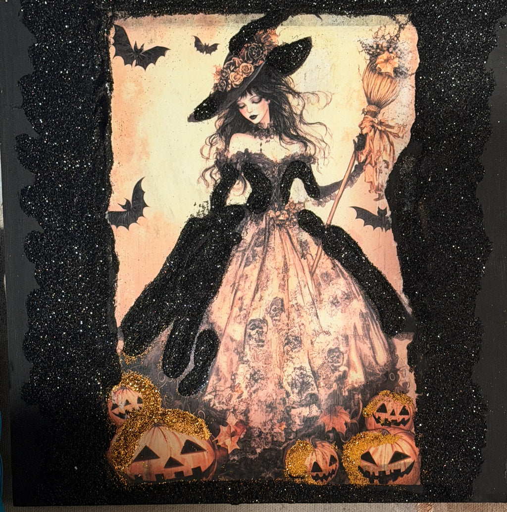 Halloween Witch Wood Sign | Glitter Decor, Stand, 12"X12" Tabletop by Mikela Lindel Home