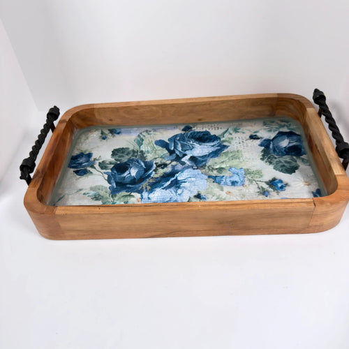 Blue Rose Wood Tray, 16 x 10 Inches Decorative Tray, Iron Handles