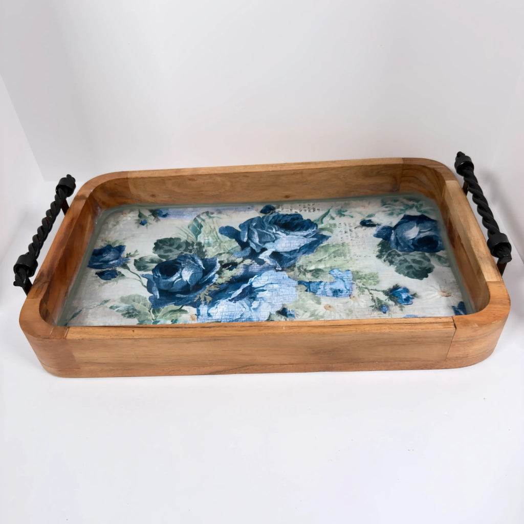 Blue Rose Wood Tray, 16 x 10 Inches Decorative Tray, Iron Handles