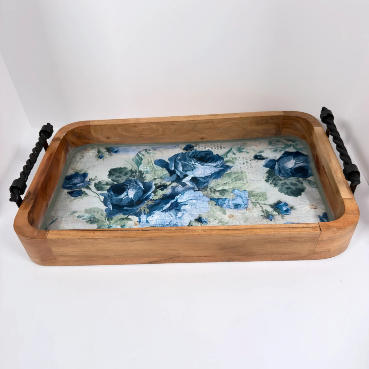 Blue Rose Wood Tray, 16 x 10 Inches Decorative Tray, Iron Handles