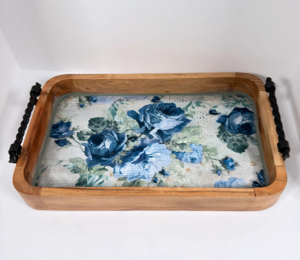 Blue Rose Wood Tray, 16 x 10 Inches Decorative Tray, Iron Handles