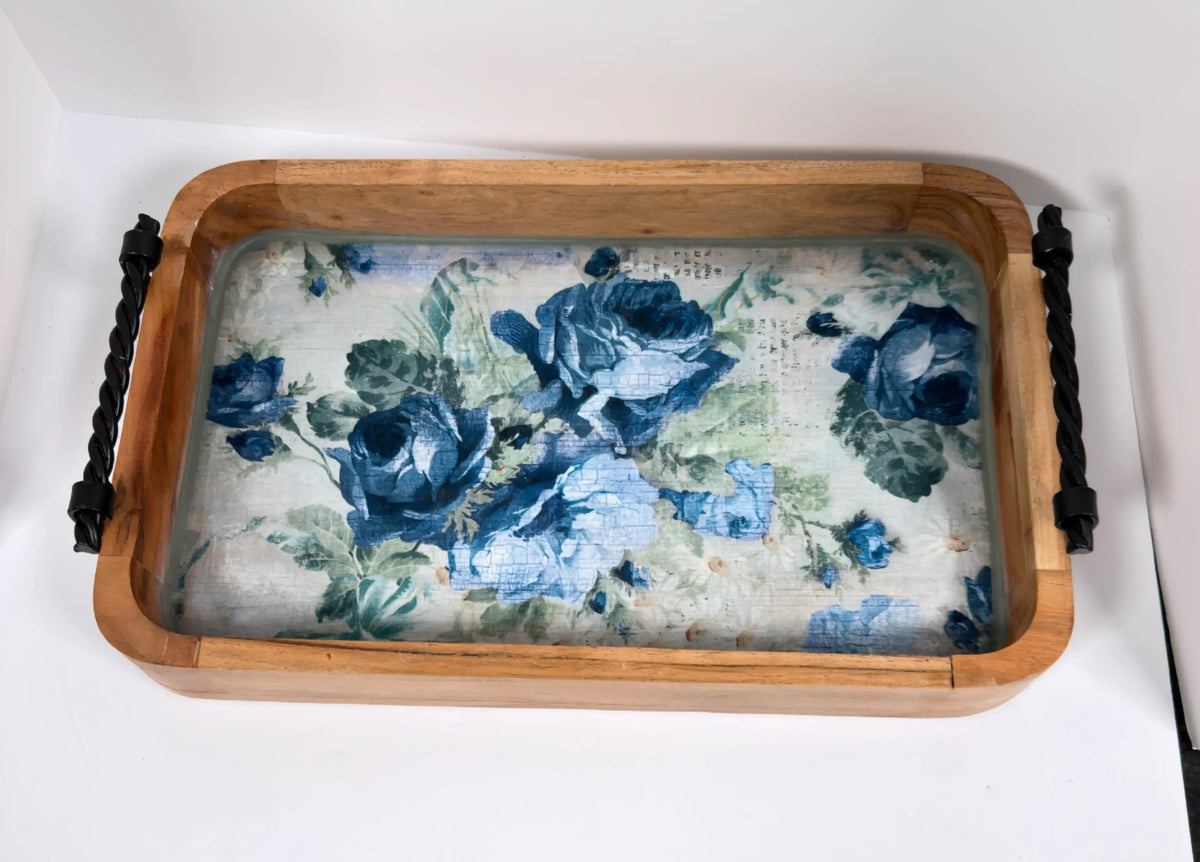 Blue Rose Wood Tray, 16 x 10 Inches Decorative Tray, Iron Handles