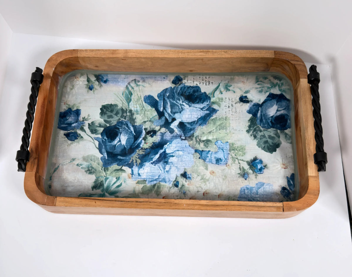 Blue Rose Wood Tray, 16 x 10 Inches Decorative Tray, Iron Handles